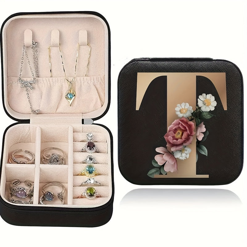 Floral initial jewelry organizer box with compact design, soft velvet lining, durable zipper, and lightweight, ideal for jewelry organization and travel.