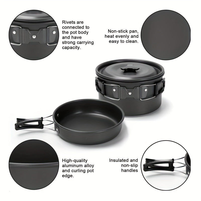 Portable camping cookware set for 2-3 people includes pot, pan, kettle, utensils, and foldable storage.