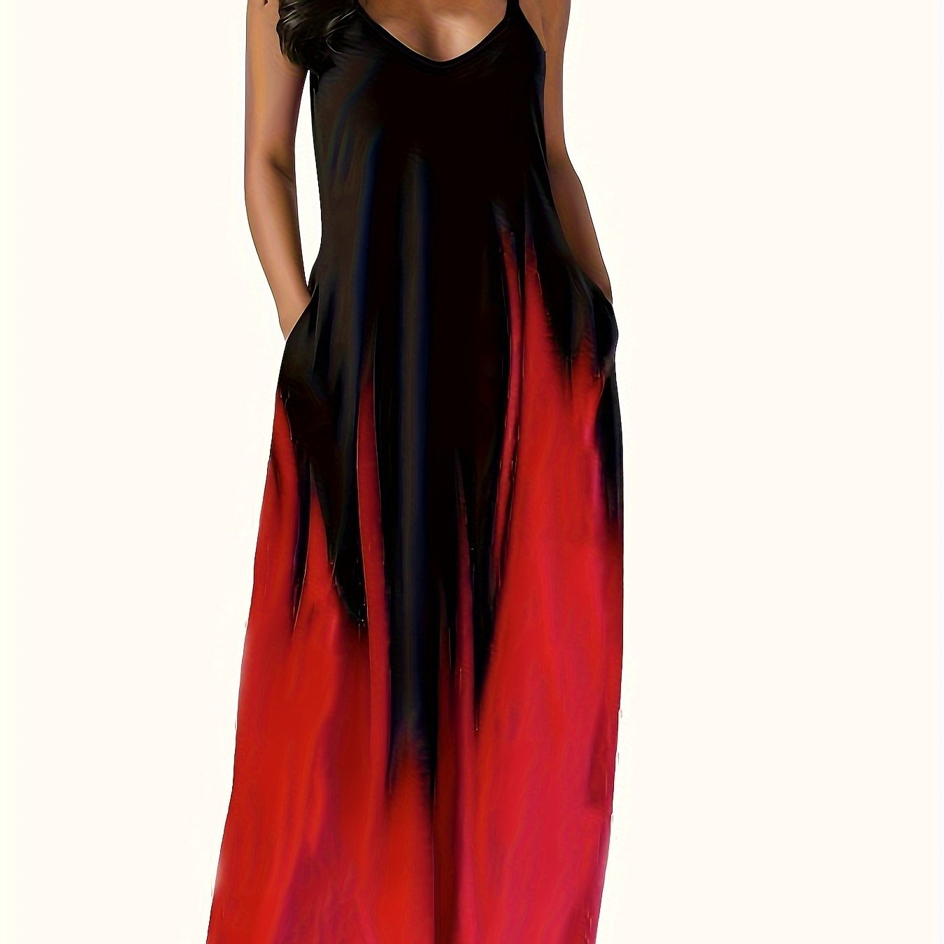 Elegant black and red abstract print maxi dress for women, sleeveless and asymmetrical with polyester knit fabric. Perfect for spring/summer, featuring an asymmetrical hemline.