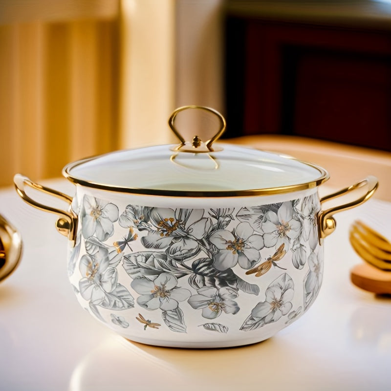 Enamel Soup Pot with Golden Trim - Featuring Dragonfly & Floral Design, Ideal for Home Cooking and Intimate Dinners