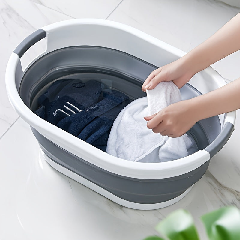 Portable foldable tub for pets with laundry storage, ideal for bathing dogs and organizing toys and clothes at home or during travel.