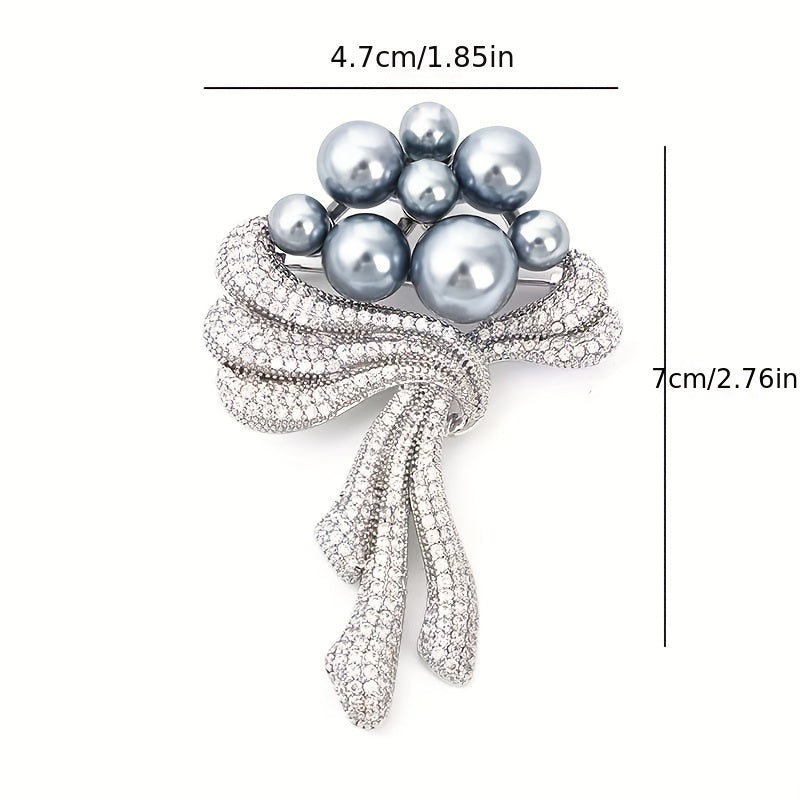 Elegant Rhinestone and Faux Pearl Bouquet Brooch Pin with Sparkling Crystal Flower and Bow Design - Perfect for Women