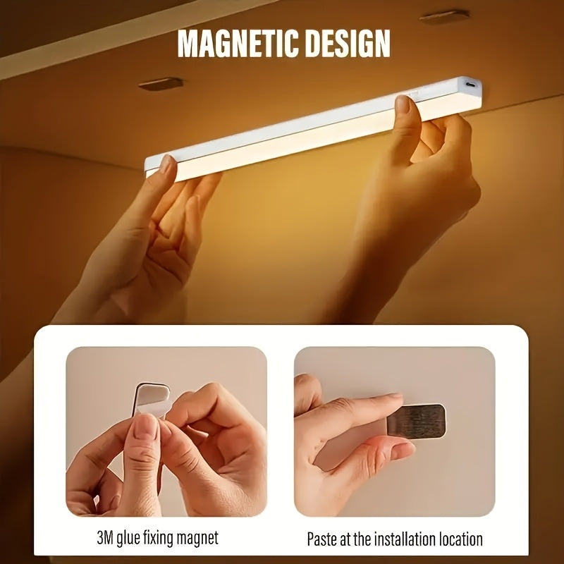 Rechargeable motion sensor cabinet light with magnetic wall-mount, push-button control, USB powered, adjustable lighting, and 150mAh lithium battery.