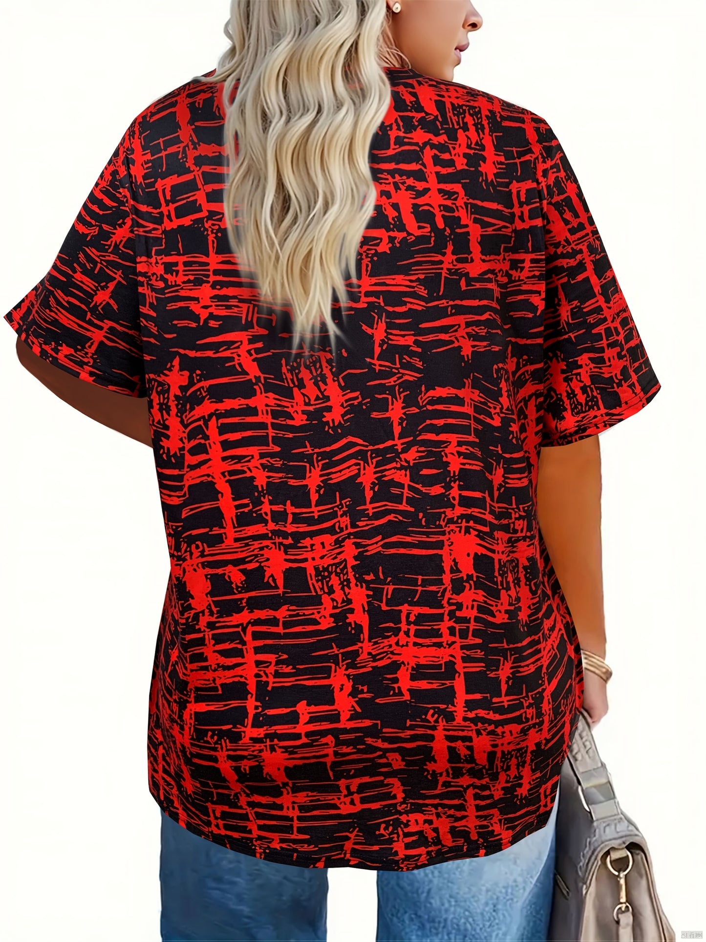 Plus size black & white abstract print t-shirt with v-neck, short sleeves, and drawstring detail. Made of polyester knit, perfect for spring/summer casual wear.