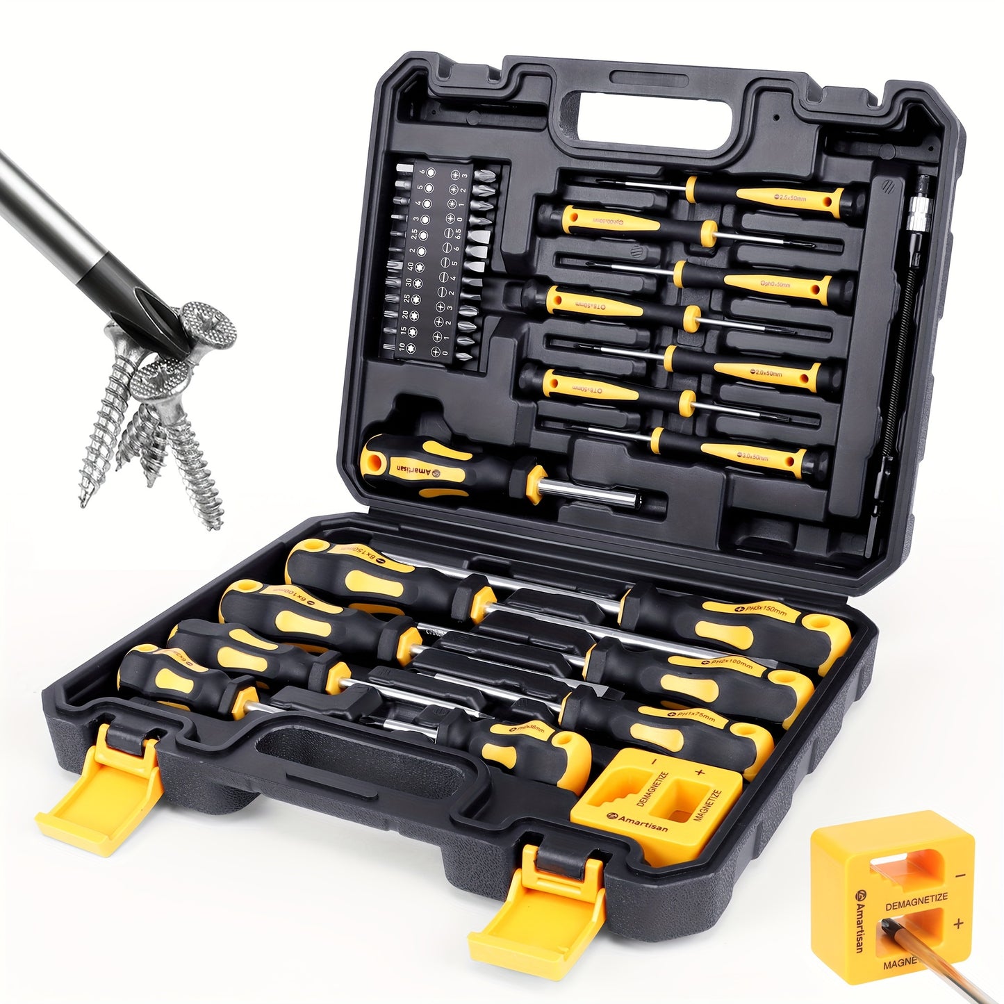 AMARTISAN Magnetic Screwdriver Set with 43 pieces in Black and Yellow, made of Chrome Vanadium Steel. Includes various types of screwdrivers and magnetic demagnetization tools. No battery