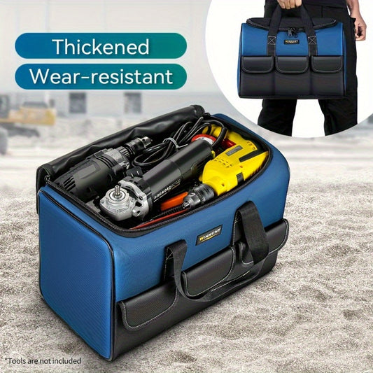 Durable blue tool bag with wide mouth, waterproof and organized for tradesmen.