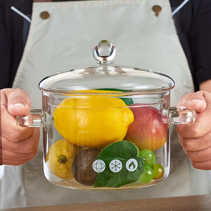 Transparent cooking pot with lid, resistant to high temperatures for gas stoves. This mini soup pot is made of high borosilicate glass, perfect for household use. It has a thickened large capacity, ideal for making supplementary food, soup, or stew.