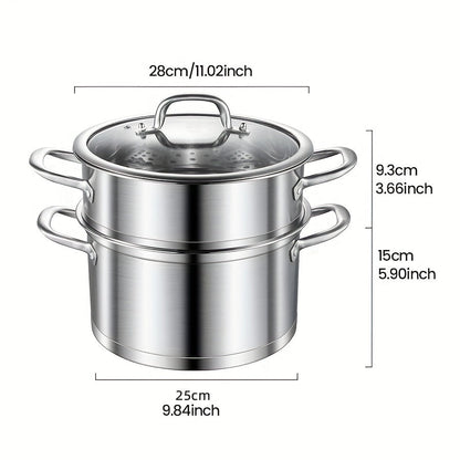 This 3-piece set of stainless steel steamer pots comes with a separate steamer basket, perfect for versatile soup and steam cooking. The pots feature a triple layer composite bottom for even and quick heat distribution, with a one-piece die-cast design.