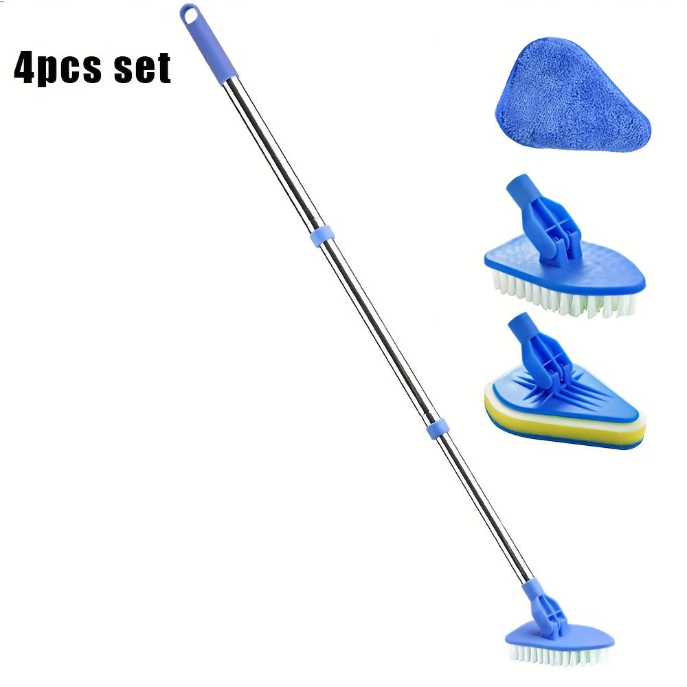 Home Cleaning Tool Set with Extendable Long Handle - Includes 4 Scrub Cleaning Brushes with Hard Bristle & Sponge Heads, Microfiber & Coral Velvet for Bathroom, Toilet, Bathtub, Kitchen, Walls, Windows - Lightweight and Detachable, Perfect for Shower