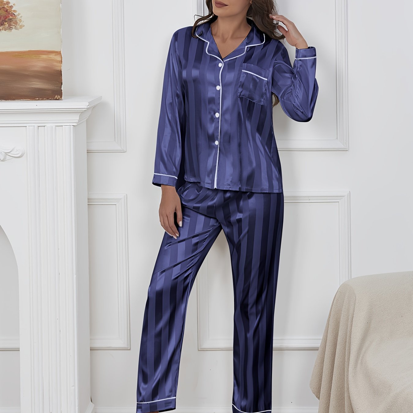 Women's satin pajama set with jacquard stripes, includes button-up top and elastic pants, machine washable, large striped design.