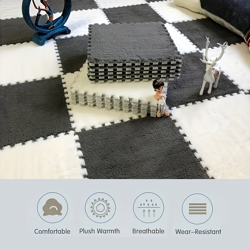 12pcs LDQ Plush Foam Puzzle Floor Mats - Thickened Square Interlocking Rugs with Gray Quilted Design and White Borders, Anti-Slip Comfort Pads for Bedroom and Crawling. Stylish and