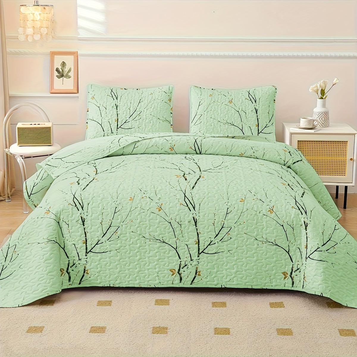 Elegant Plum Blossom Quilt Set includes 3 pieces (1 Quilt + 2 Pillowcases, Core not included). Made with skin-friendly, soft and breathable materials, this bedding is warm and comfortable for all seasons. Perfect for hotel or bedroom use.