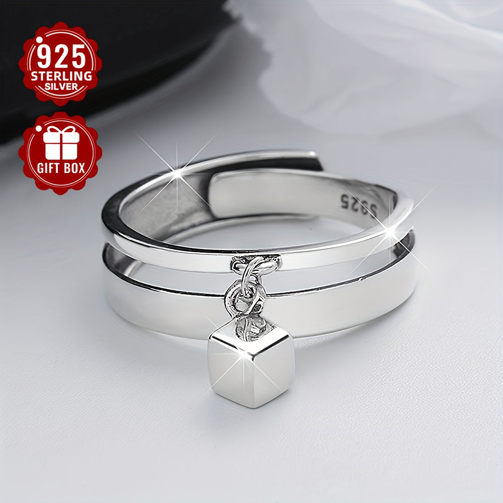 Sleek 1PC S925 Sterling Silver Double-layer Cube Couple Ring with a Creative Design, ideal for Trendy Hip-hop and Punk Styles, perfect for Men and Women to wear on their Index Finger at Parties or Gatherings (Weighs approximately 3.7 Grams)