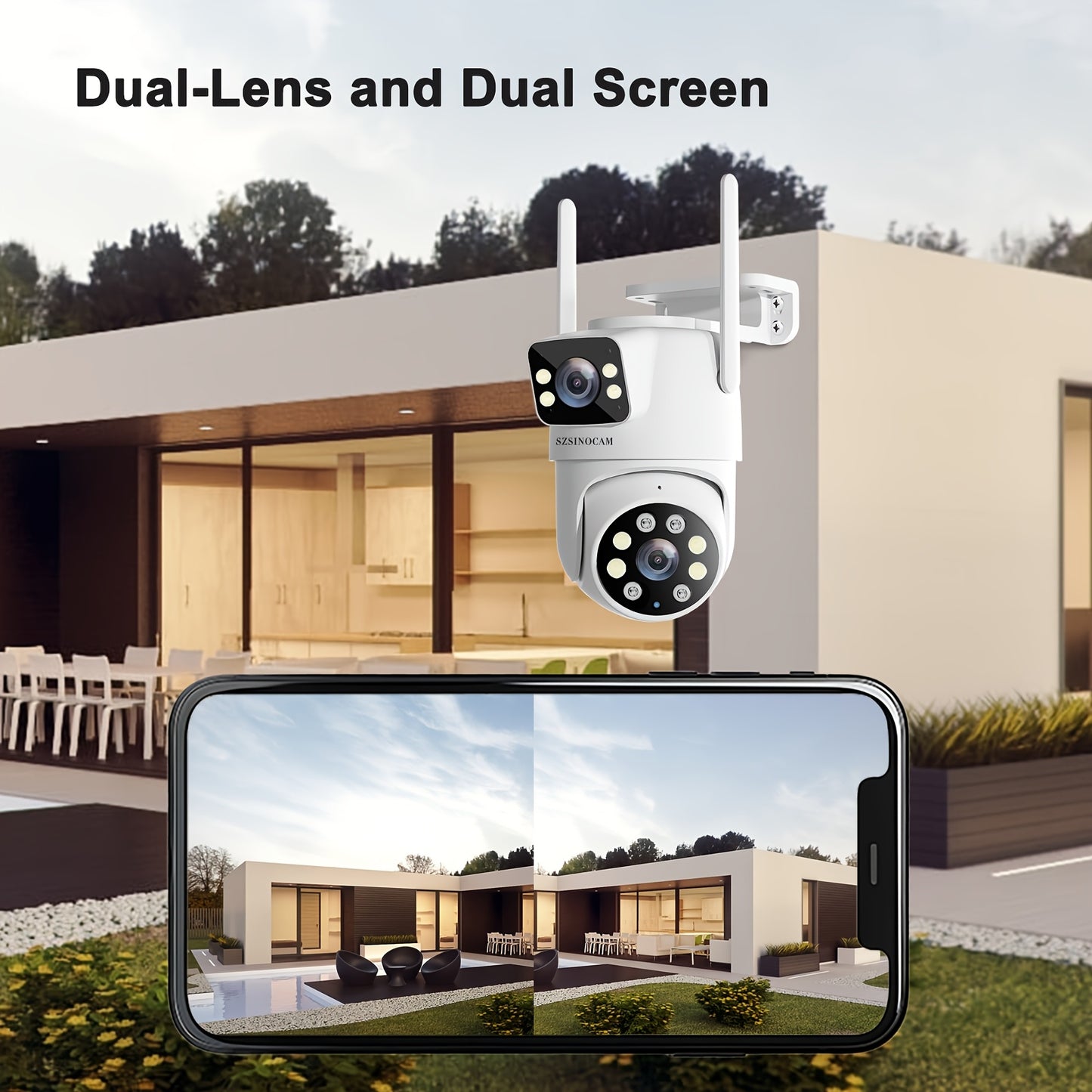 Outdoor Dual Lens WiFi Security Camera with AI Human Tracking, Color Night Vision, Two-Way Audio, and Pan Tilt Rotation. App controlled and USB powered. TF card not included. SZSINOCAM.