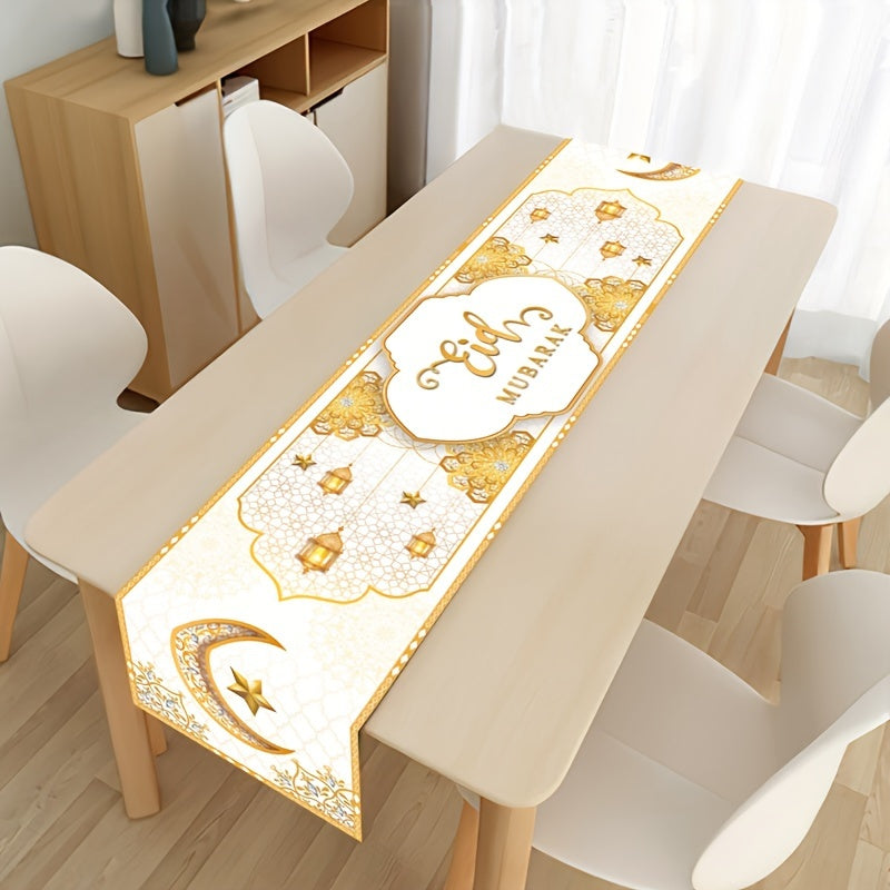 Polyester Ramadan table runner and flag featuring Eid Mubarak designs, perfect for home decorations and gifts during Ramadan and Eid Al-Fitr celebrations. Ideal for Islamic Muslim party