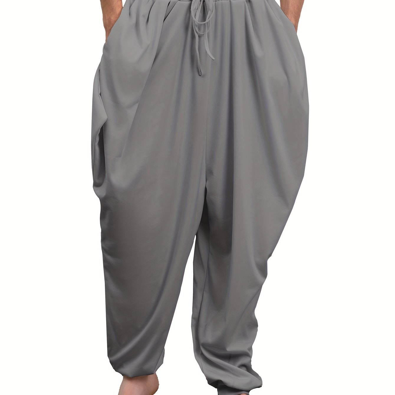 Adult harem pants in 100% polyester knit fabric, medium stretch, solid color, loose fit with drawstring, suitable for all-season weekend wear, available in plus size.