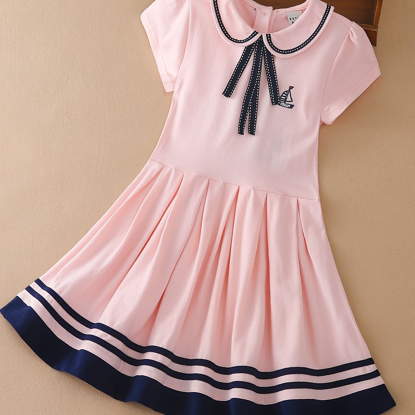 96% Cotton Girls Short Sleeve Dress with Collar Preppy Style for Summer Party Gift