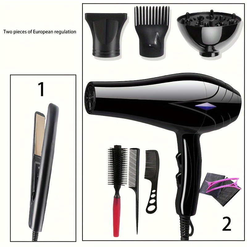 Professional hair dryer and straightener set for women with European plug, includes comb and brush accessories, fast heating brush motor.