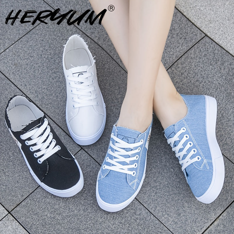 HERUMIN Women's Lace-Up Sneakers in Black, White & Blue Denim, Comfortable PVC Sole, Casual and Stylish for Spring.