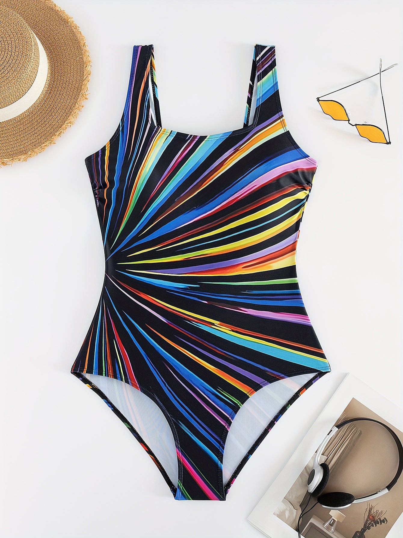 Trendy Striped One-Piece Swimsuit for Women - Stretchy, Square Neckline, Knit Fabric, Not See-Through - Ideal for Beach & Pool