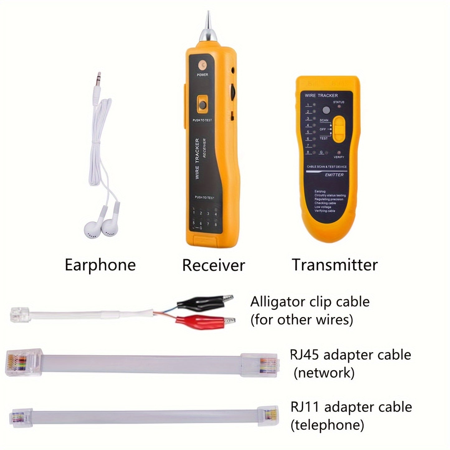 MythTiger Handheld Cable Tester for LAN, phone, internet, video, and data cables. Features automatic tone inspection, headset jack, and RJ45/RJ11 sockets. Battery powered (battery not