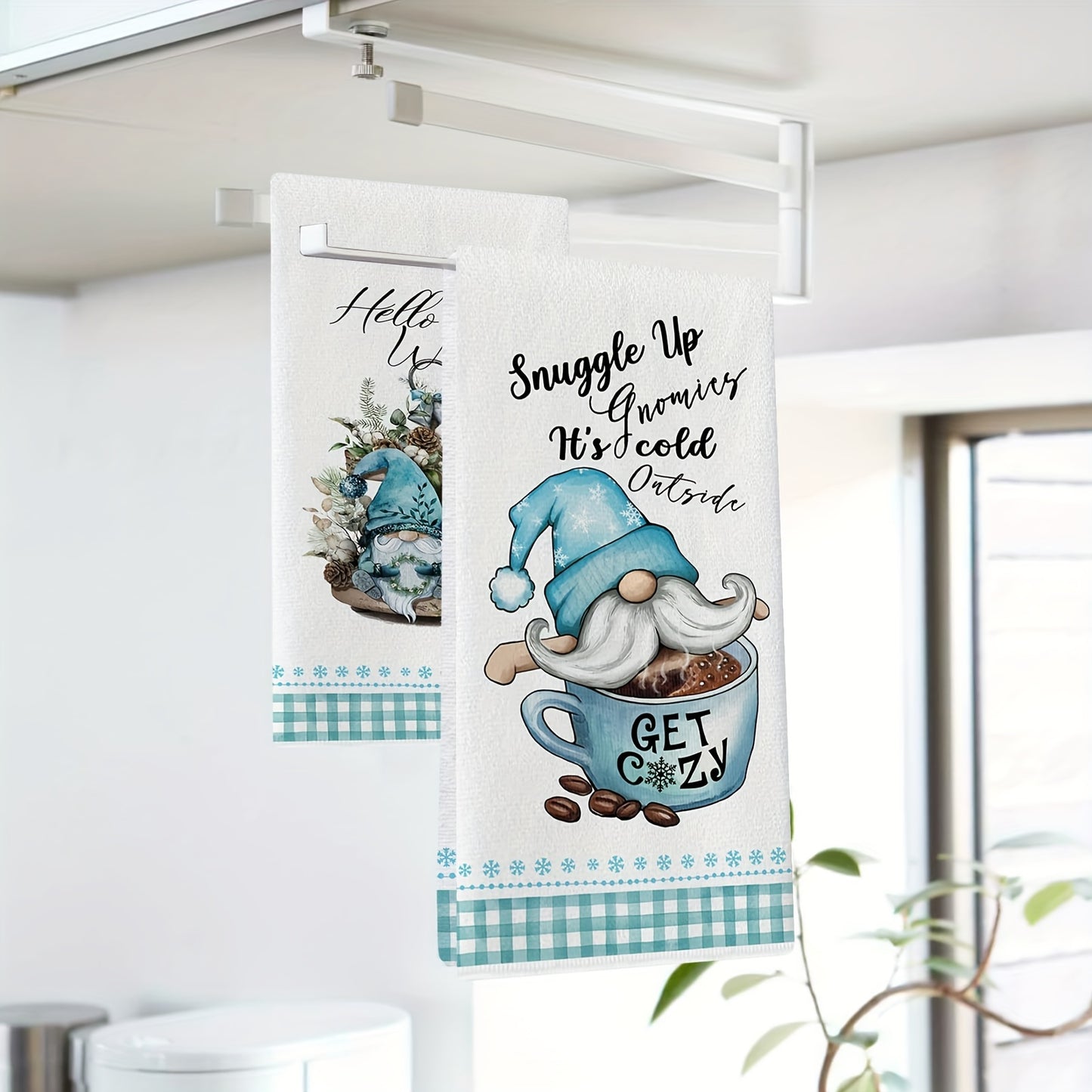 2PCS Christmas fingertip towels with polyester gnome and hot cocoa design, absorbent woven fabric, machine washable, oblong shape, 250gsm, 40.64x60.96 cm.