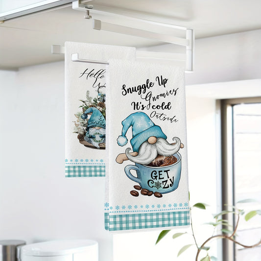 2PCS Christmas fingertip towels with polyester gnome and hot cocoa design, absorbent woven fabric, machine washable, oblong shape, 250gsm, 40.64x60.96 cm.