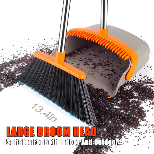 Long handle broom and dustpan set measuring 139.7cm, featuring durable self-cleaning sweeping tools for both home and office use. Suitable for indoor and outdoor use, with a stand-up design in grey and orange color scheme.