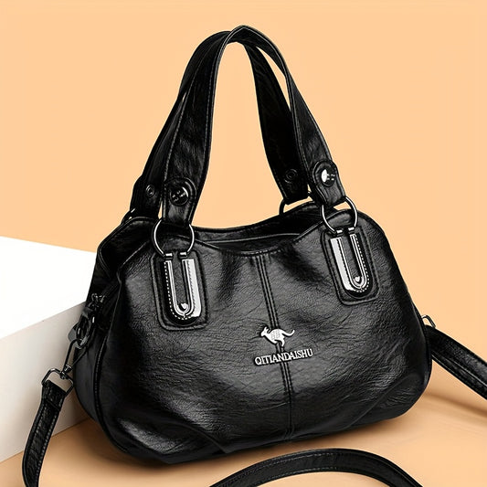 Casual black tote bag for women with zipper closure and polyester lining.