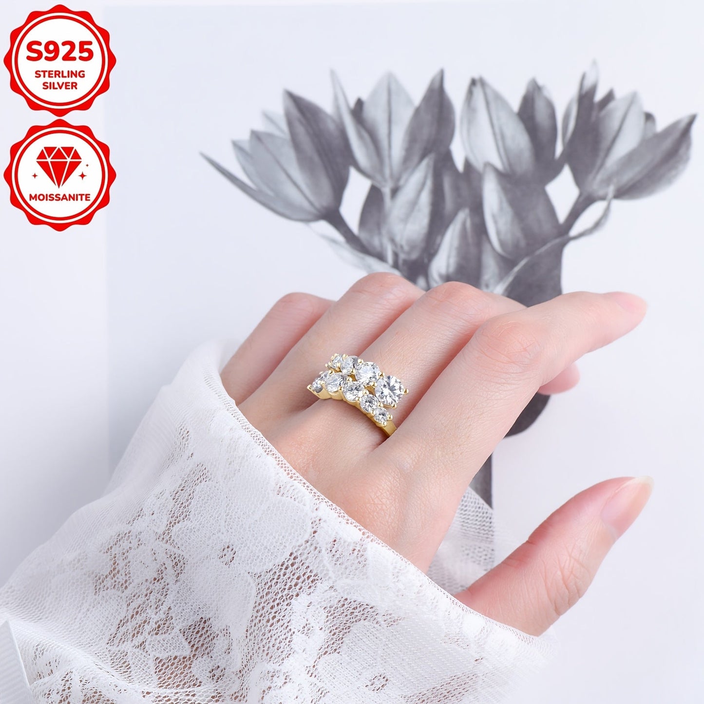 This elegant women's wedding and engagement ring features a stunning moissanite stone set in 925 sterling silver. The double head twist arm design adds a unique touch to this luxurious piece. The ring has a total silver weight of 7.74g and is adorned