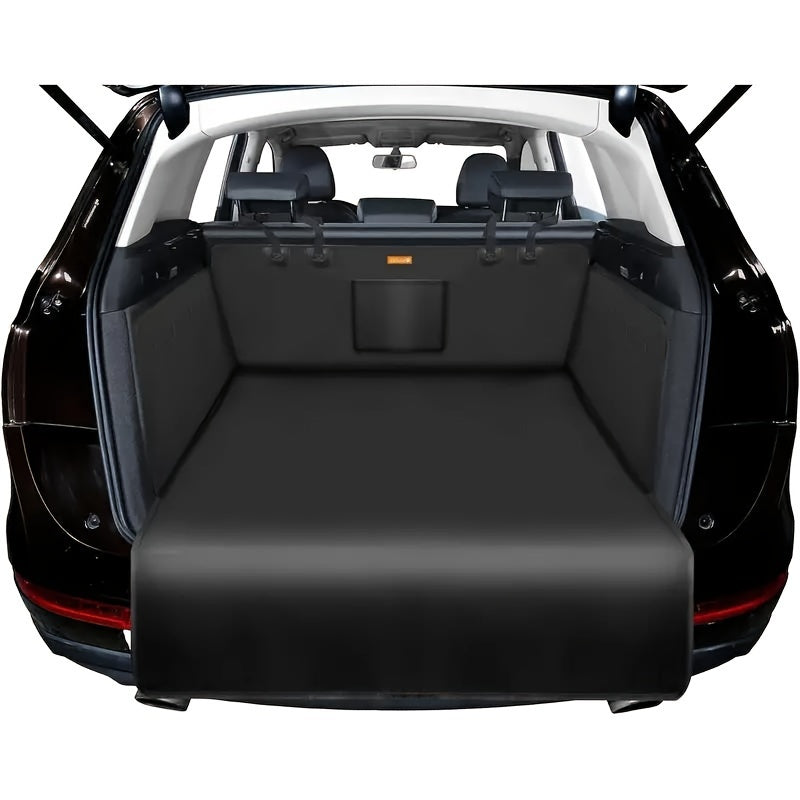 Waterproof black fabric trunk liner protects pet cargo from scratches in small trucks and SUVs.