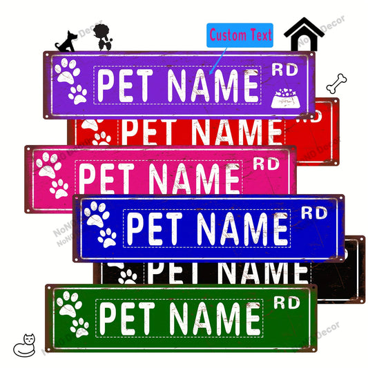 Vintage Metal Tin Road Sign with Paw Prints, Customized with Your Pet's Name - Perfect for Home, Bar, Cafe, or Garage Decoration - Wall Hanging - Size: 40.64x10.16 cm