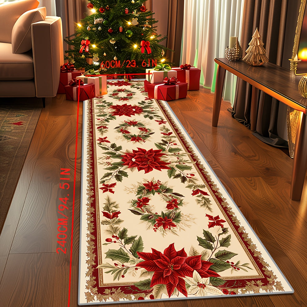 Indulge in the opulence of our Crystal Velvet Christmas Mat, boasting a plush 850g/m² weight and a luxurious 6mm thickness. Adorned with a stunning Poinsettia Flower design, this non-slip and dirt-resistant mat is incredibly soft and comfortable for any