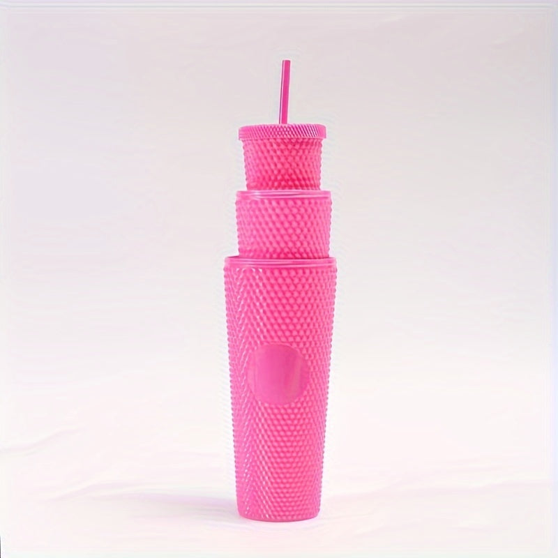 3 Durian Texture Reusable Water Bottles with Straw - Double Layer Plastic, BPA-Free, Pastel Pink & Blue, 450ml/700ml/1100ml for Travel, Fitness, Camping, and Daily Use