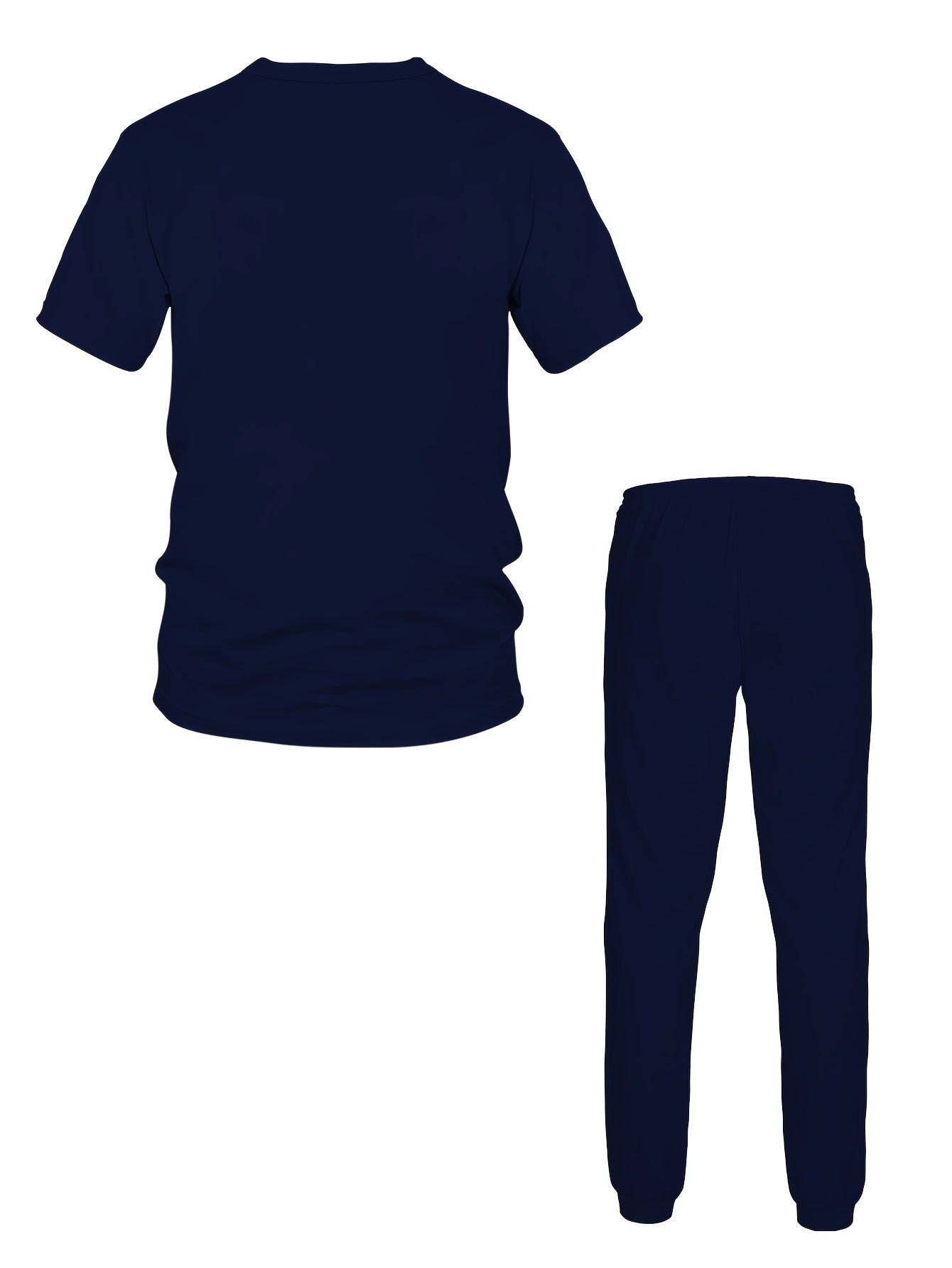 Men's navy blue casual sports outfit, includes crew neck t-shirt and pants in plus size, made of polyester knit fabric with stretch, ideal for autumn with pockets.