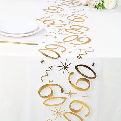 Polyester table runner with golden stamping for milestone celebrations. Perfect for anniversaries, retirement parties, and milestone birthdays. Comes in a rectangular shape.