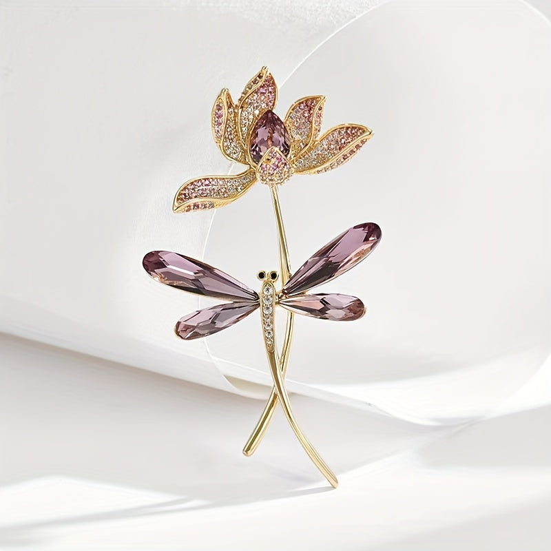 Beautiful Rhinestone Glass Dragonfly & Flower Brooch Pin for Women - Stylish Fashion Accessory