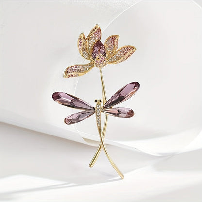 Beautiful Rhinestone Glass Dragonfly & Flower Brooch Pin for Women - Stylish Fashion Accessory