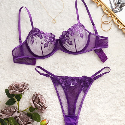 Sheer floral embroidered lingerie set with a low waist thong for women.