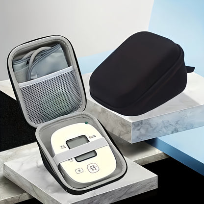 Small carrying case for wireless upper arm blood pressure monitor with cuff storage is portable and convenient for managing health on-the-go.