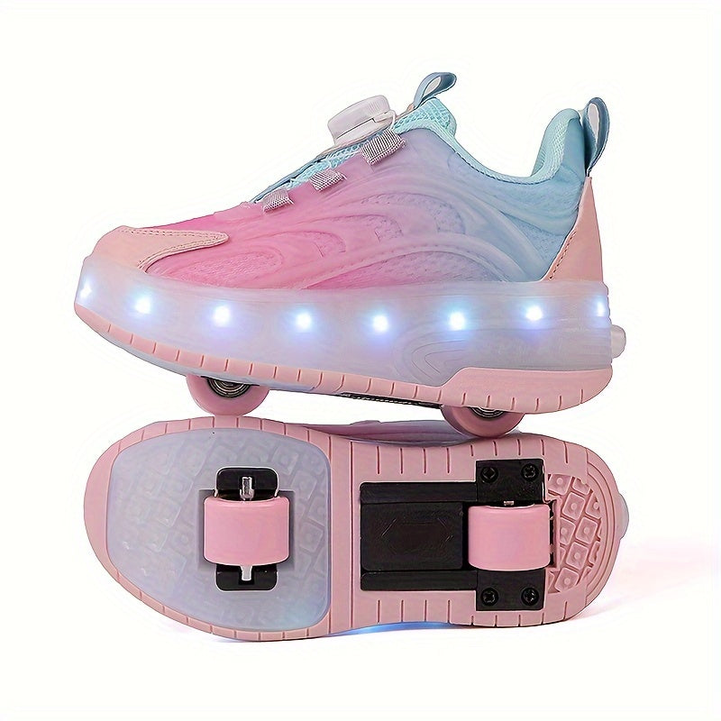 LED roller skates with TPR sole, fabric inner, EVA insole, rotary buckle closure, and lithium polymer battery. Suitable for ages 14+, can be used indoors or outdoors for sports training all