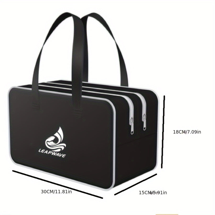 Outdoor travel bag with wet/dry separation, dual zipper, and waterproof EVA material in black.