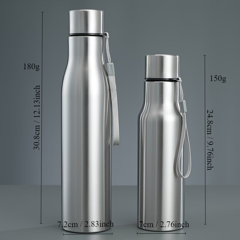 Stainless steel water bottle, round shape, 750ml/1000ml, lightweight, PVC-free, handwash only, ideal for fitness, travel, and outdoor activities.