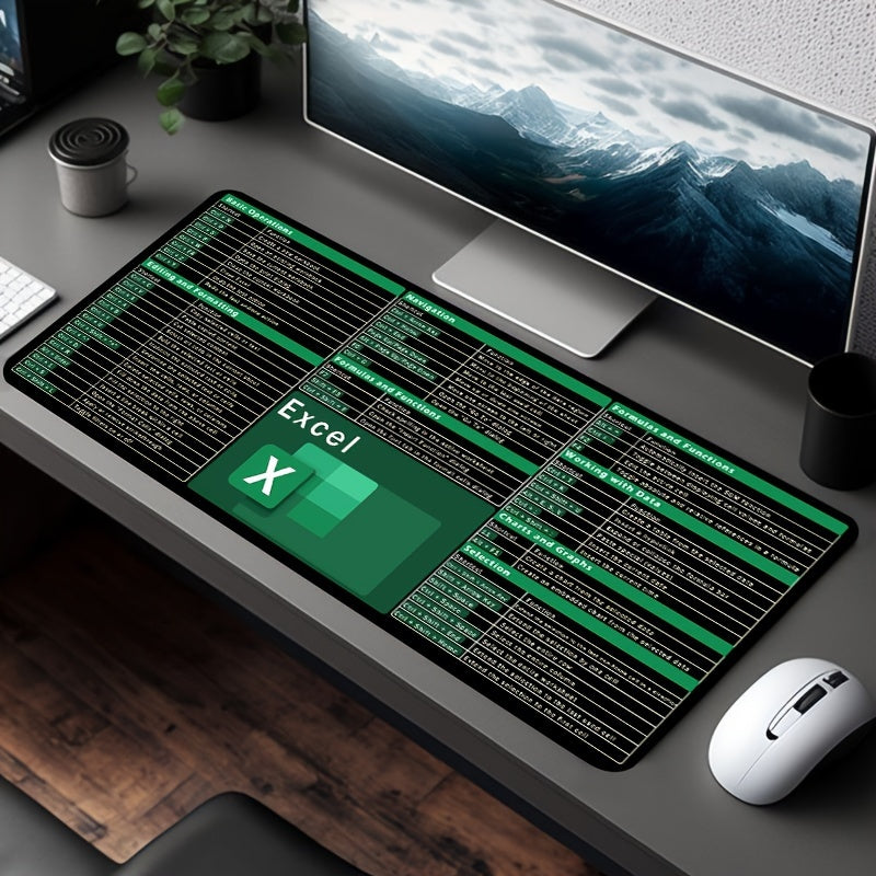 Excel Keyboard Shortcuts Mouse Pad with Large Rubber Base, Water-Resistant Fabric Surface for Gaming and Office Precision Control.