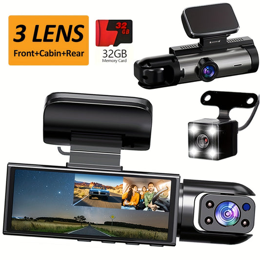 3-channel dashcam with front 1080P, inside 720P, and rear 720P recording capabilities, featuring a rear view DVR, 24-hour parking monitor, and car accessories.