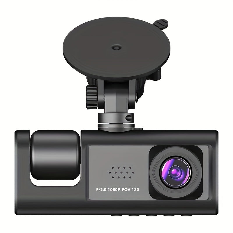 3-camera HD dash cam with 5.08cm screen, front & rear view, rechargeable battery, easy suction cup mount for cars, PC compatible, sleek design, and rechargeable device.