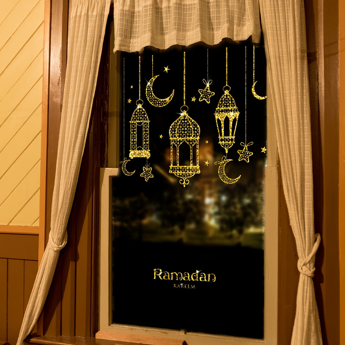 Ramadan Moon Lantern Window Clings Set of 2, Each Measuring 20x30cm, Featuring Double-Sided Static Cling PVC Decals in Contemporary Style. Reusable and 5mil Thickness, Perfect for Ramadan Decor and Window Display.