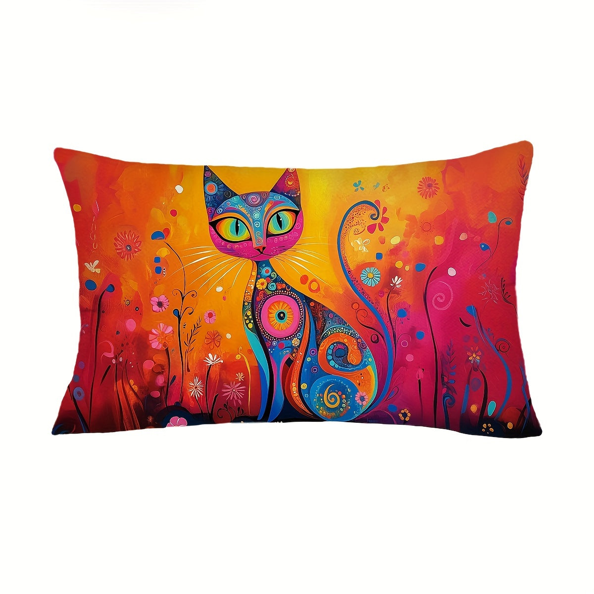 Folk art style black cat throw pillow cover with sun and flowers design. Made of 100% polyester, hand wash only. Features zipper closure, suitable for couch, sofa, living room, bedroom. Available in two sizes: 29.97cm X 50.04cm and 44.96cm X 44.96cm.