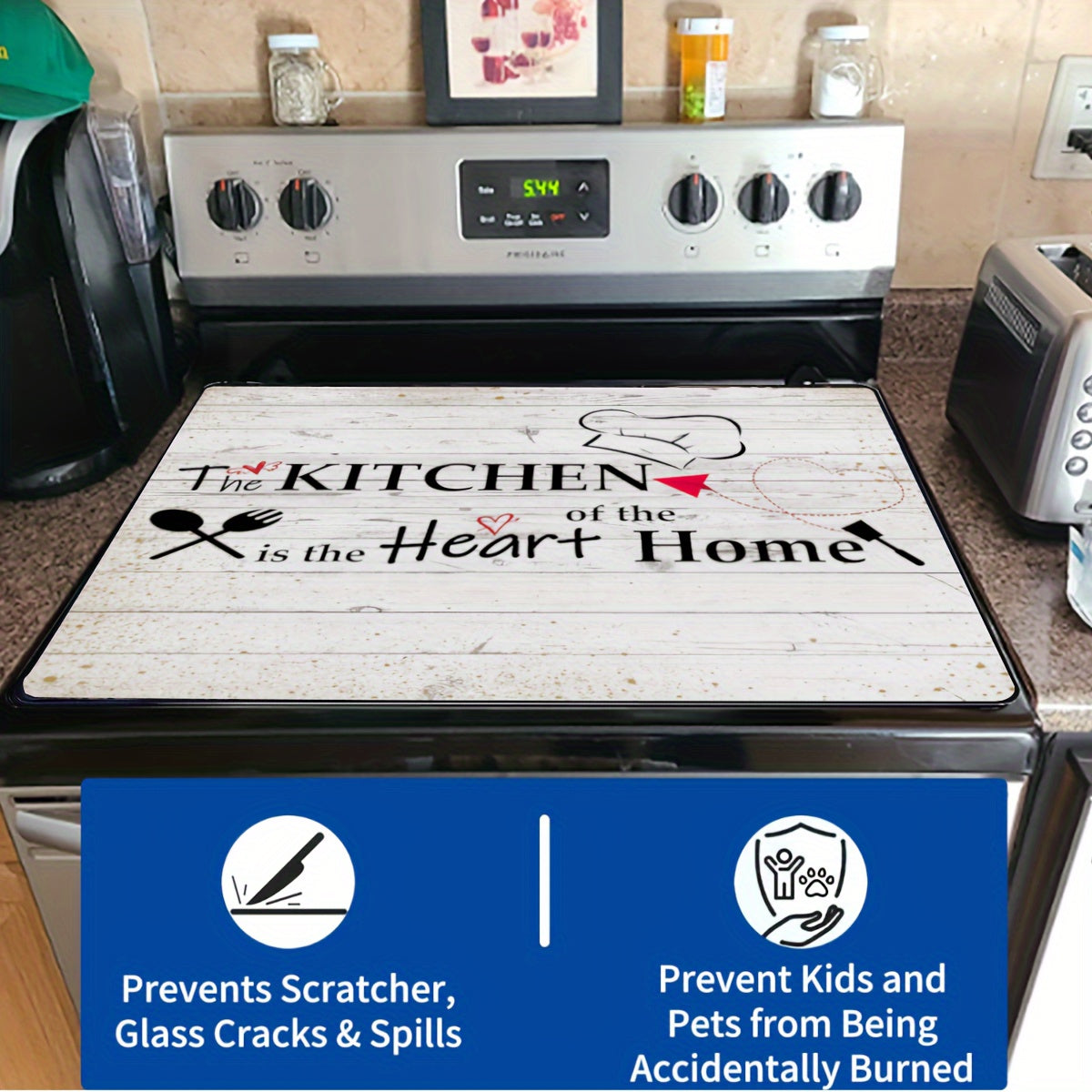 Protect your electric glass stove with our Extra Large 72.39x52.07cm Stove Top Cover. This anti-slip, waterproof, and heat resistant mat prevents scratching and serves as a versatile cooktop protector. Easy to clean and perfect for adding a decorative