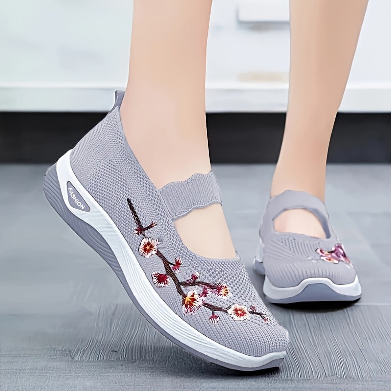 Women's Breathable Knit Sneakers with Floral Design, Non-Slip Sole, Lightweight, in Multiple Colors.